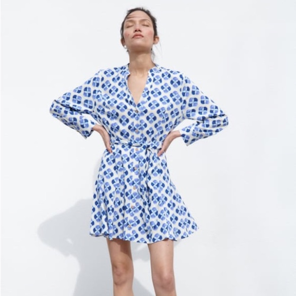 Zara Blue & White Linen Blend Shirtdress